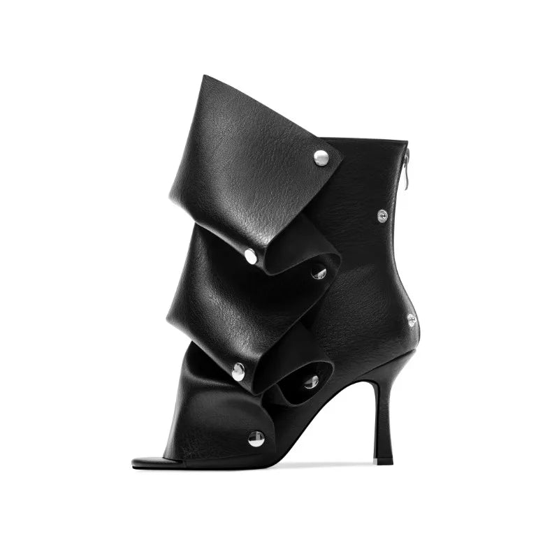 Mid-Calf Open Toe High Heel Pleated Boots for Women