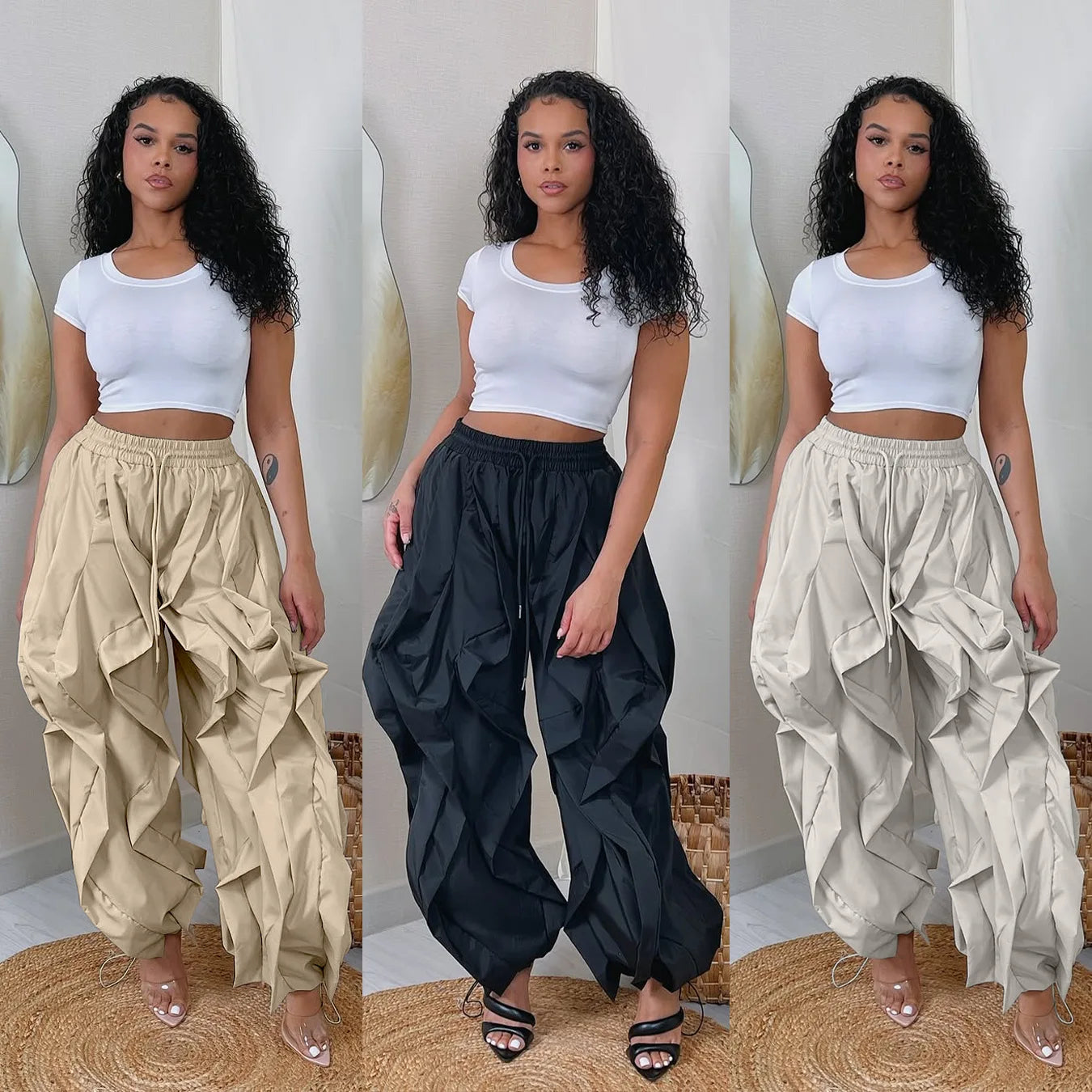 FAGADOER Casual Ruched Patchwork Lantern Sleeve Pants Women High Waist Drawstring Patchwork Pants Female Streetwear Trousers New