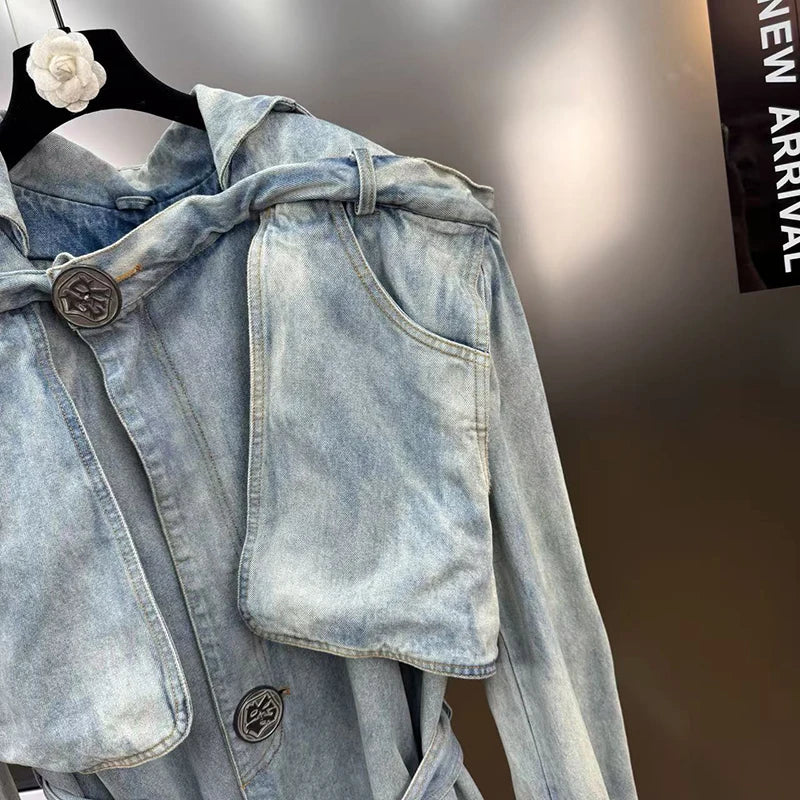 KUCLUT 2025 Autumn Fashion Elegant Turn-Down Collar Washed Denim Trench For Women With Belt Loose Street Style Coat 1A66505