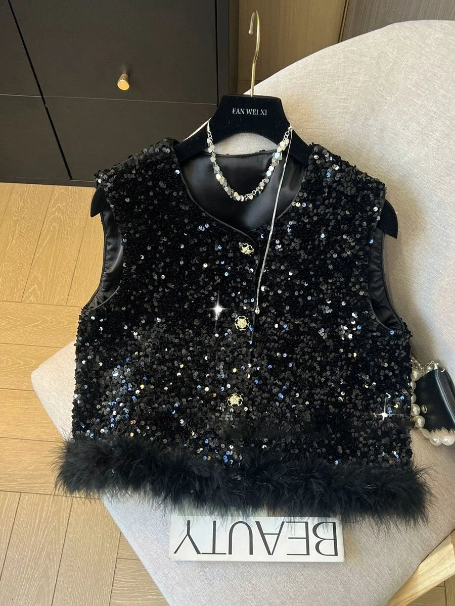 Elegant Retro Chinese Style Sequined Knit Vest for Women