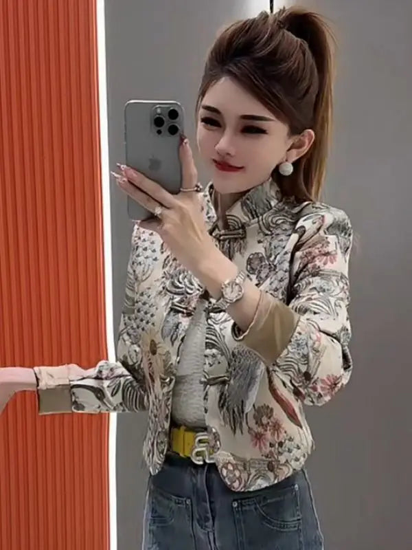 Women Print Coat 2025 Spring New Retro Chinese Printed Splicing Plate Buckle Stand Collar Long Sleeve Short Jacket Women