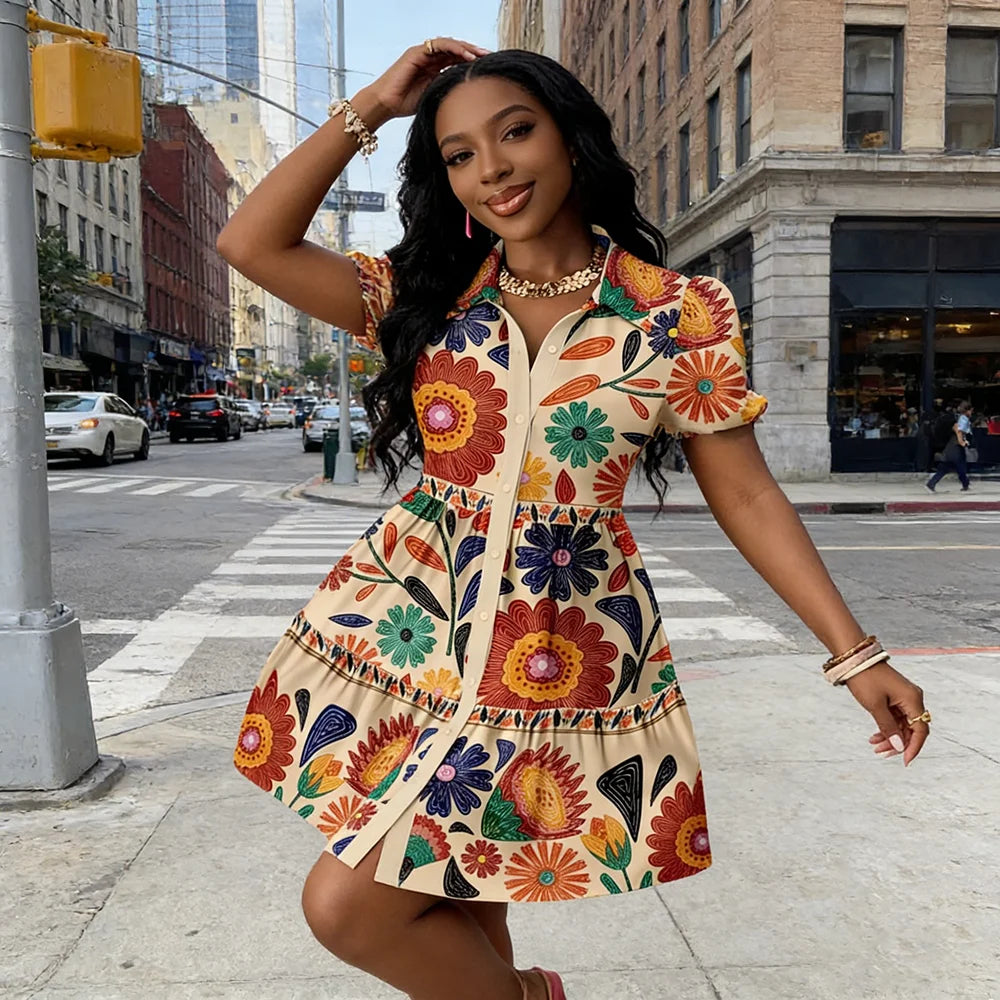 Vintage Floral Print Ruffle Mini Shirt Dress for Women