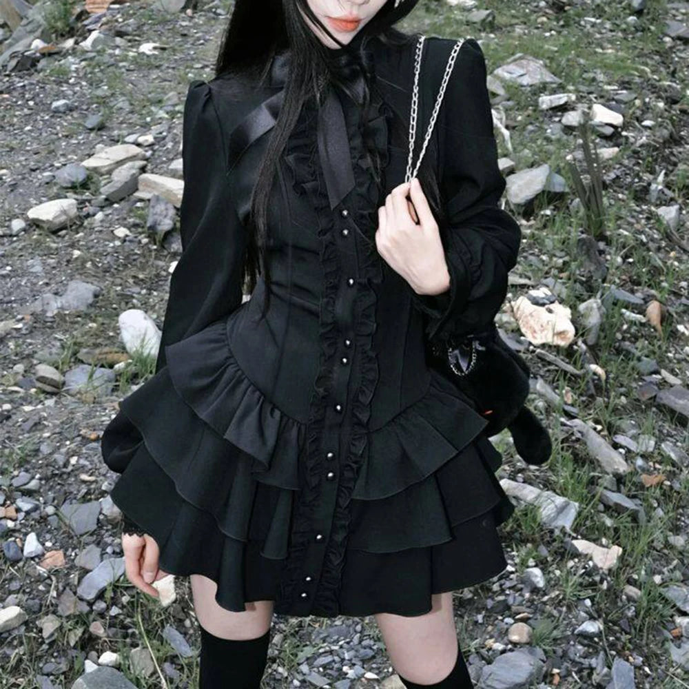 Black Gothic Long Sleeve Bow Tie Stand Collar Dress For Women