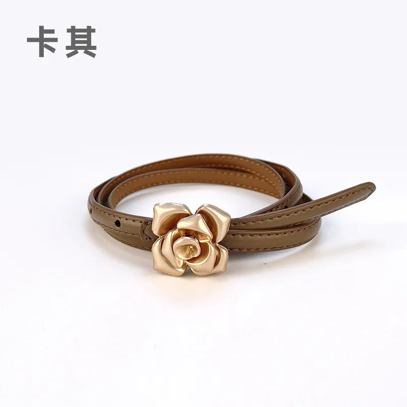 Double Sided Metal Flower Buckle Thin Belt for Women