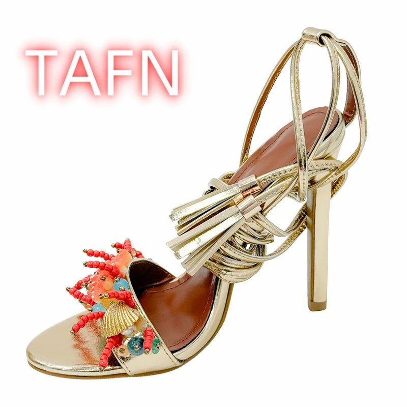 Shell Embellished Starfish Tassels Lace Up Sandals for Women
