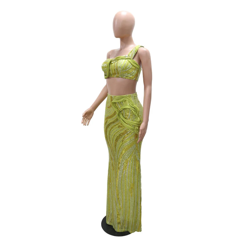 CM.YAYA Women’s Dress Set Mesh Sequined Ribbon Sleeveless Strap Top + Long Skirts Sets 2 Two Pcs Sets Sexy Party Evening Oufits