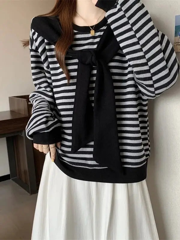 Plus Size Preppy O Neck Long Sleeve Bow Sweatshirt For Women