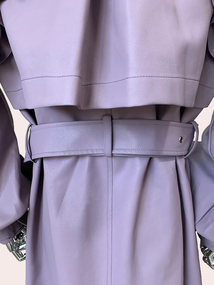 Long Purple Faux Leather Trench Coat With Ruffled Collar For Women