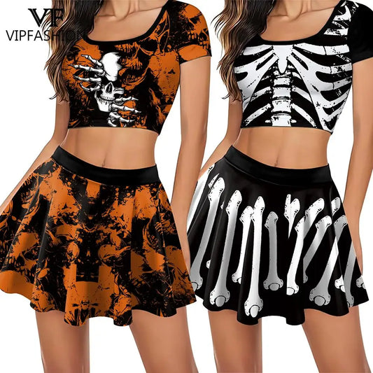 Gothic Skeleton Print Top And Skirt Set