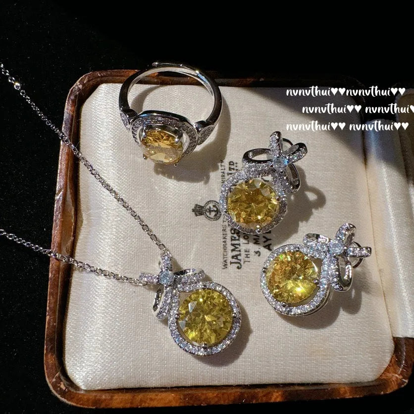 Round Cut Yellow Cubic Zirconia Bridal Jewelry Set for Women