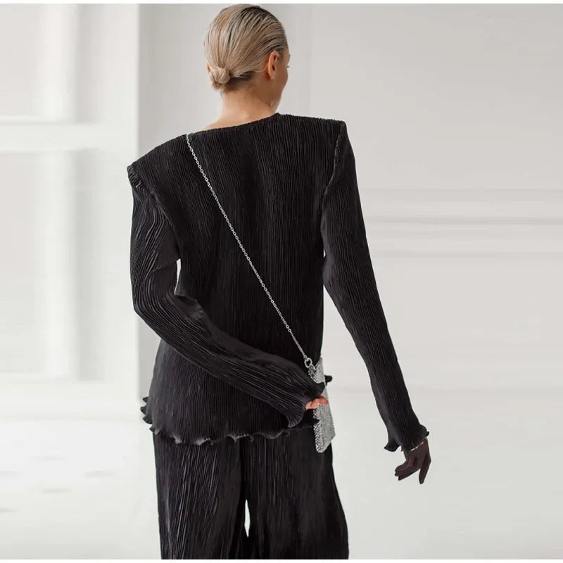 Elegant Velvet Top and Pleated Pants Set for Women