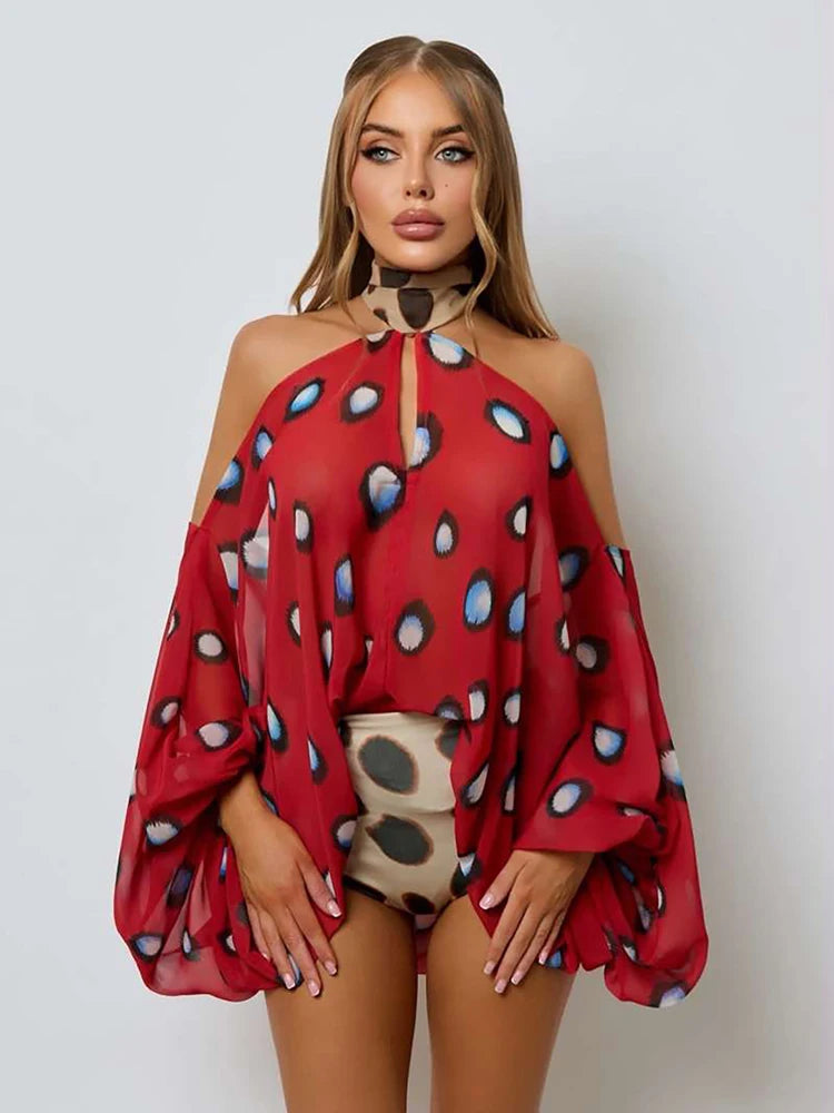 Polka Dot Halter Backless Playsuit With Headscarf for Women