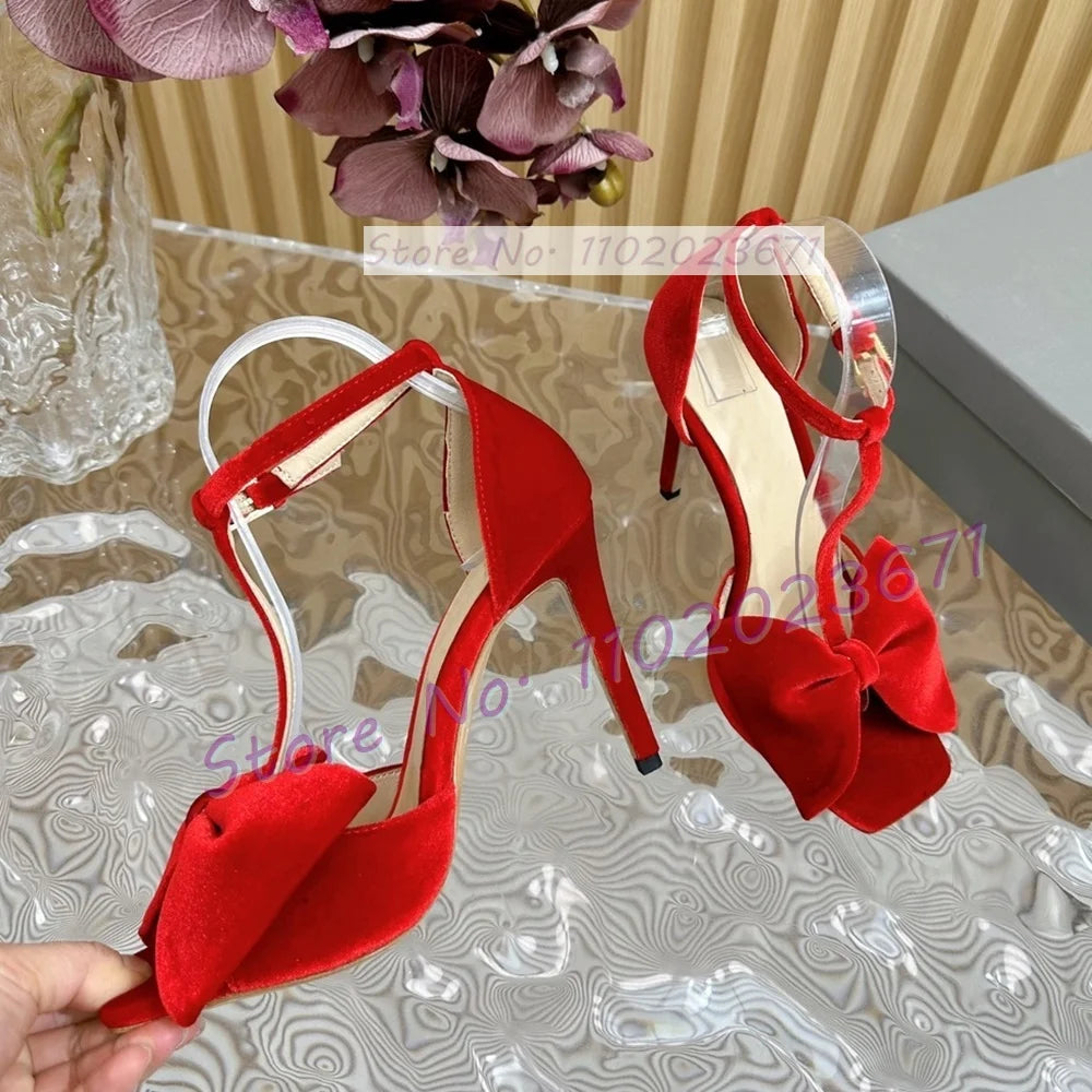 Bow-embellished Velvet Sandals Women's Luxury T Strap Square Toe High Heels Sandals Newest Luxury Party Trendy Cover Heel Shoes