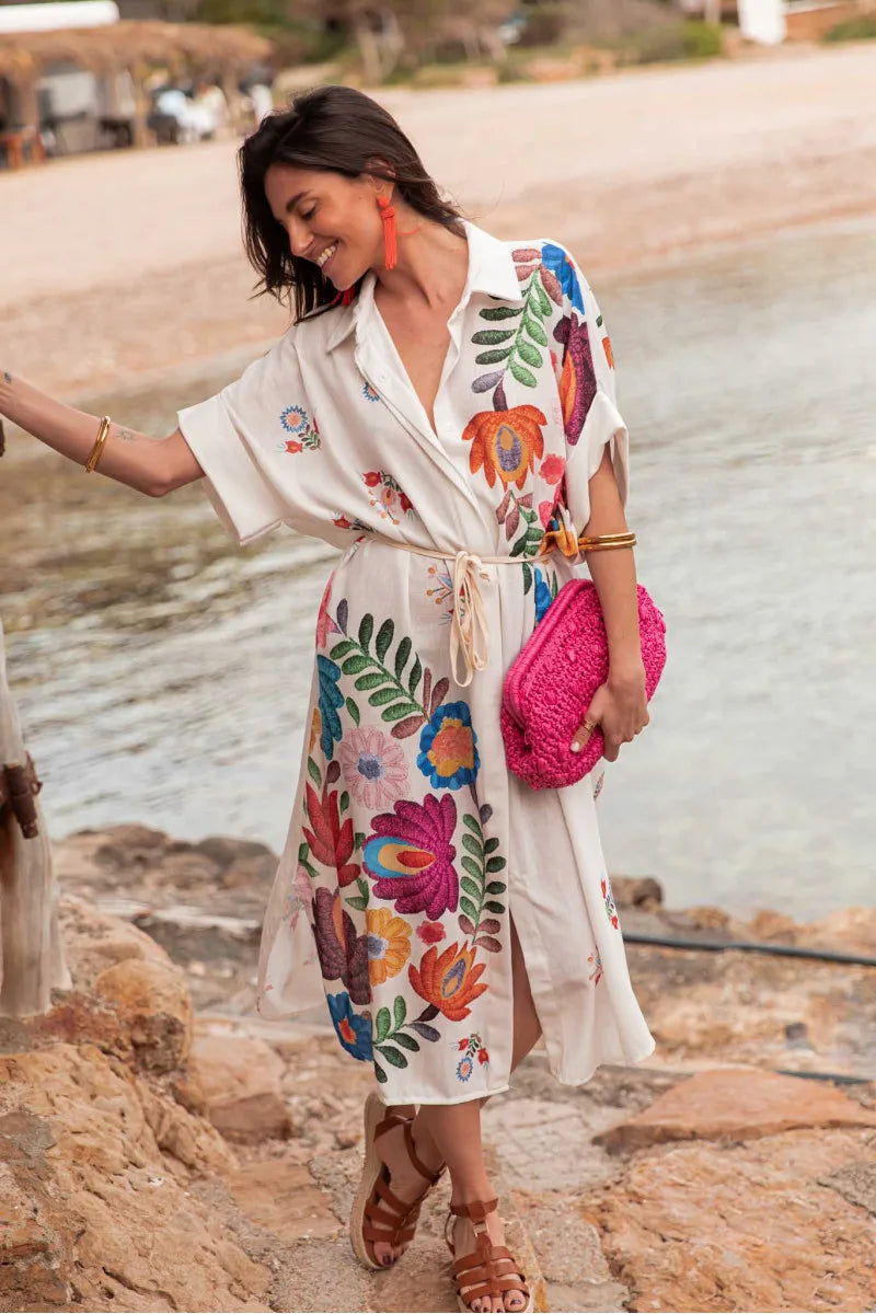 Bohemian Printed Lace-Up Loose-Fit Midi Dress for Women