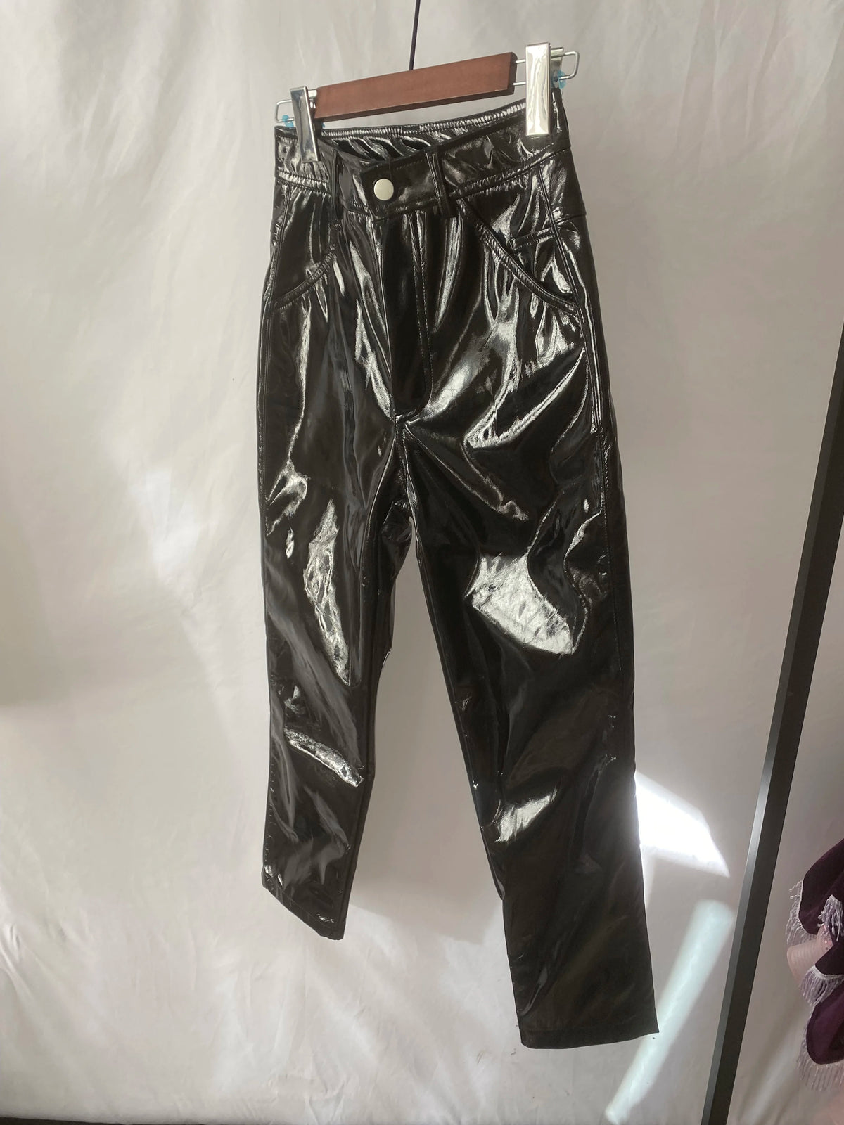 High Waisted Glossy Faux Leather Casual Pants For Women