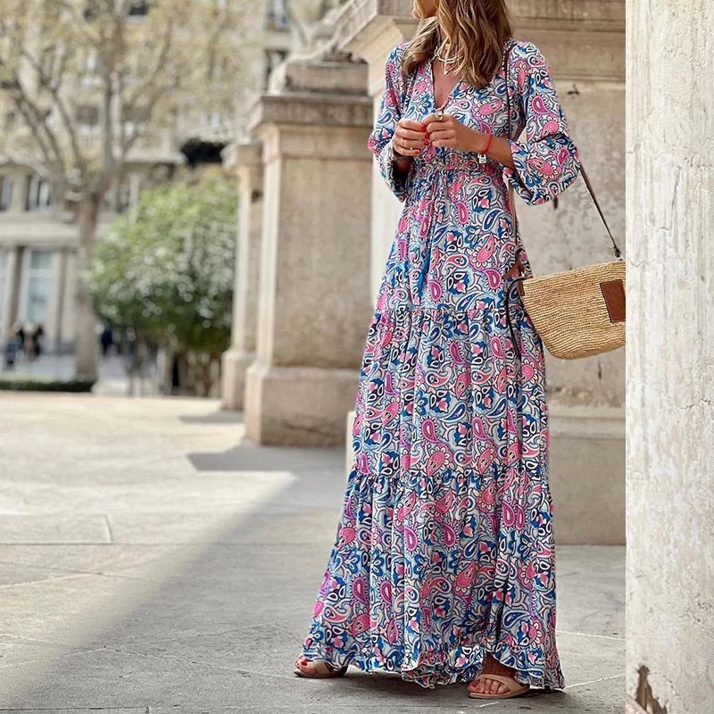 2026 New In-Stock Women's Fashion V-Neck Long-Sleeve Mid-Length Bohemian