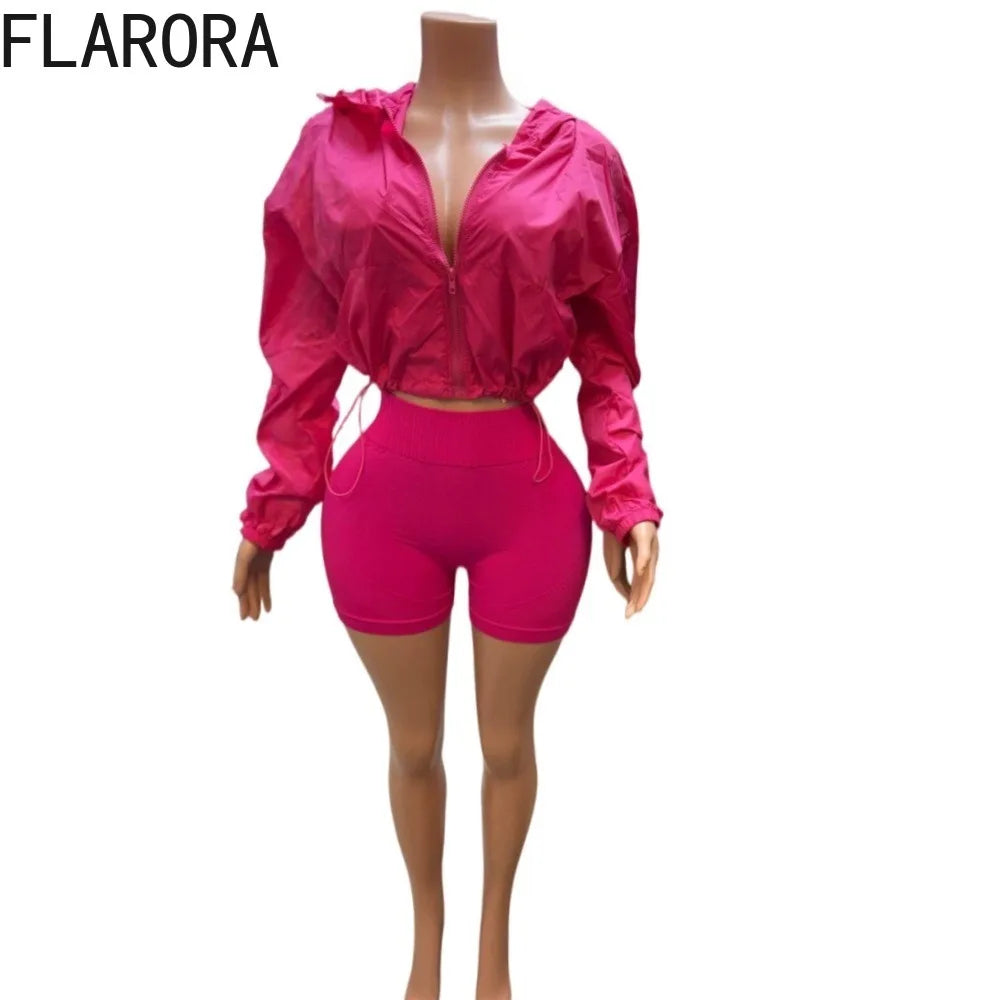 Hooded Zip Crop Jacket And Skinny Shorts Set for Women