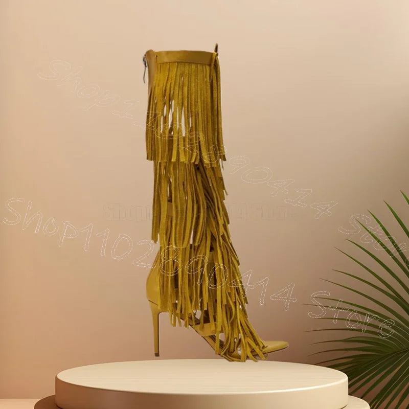 Yellow Tassels Metal Button Detail Open Toe Sandals With Back Zipper for Women