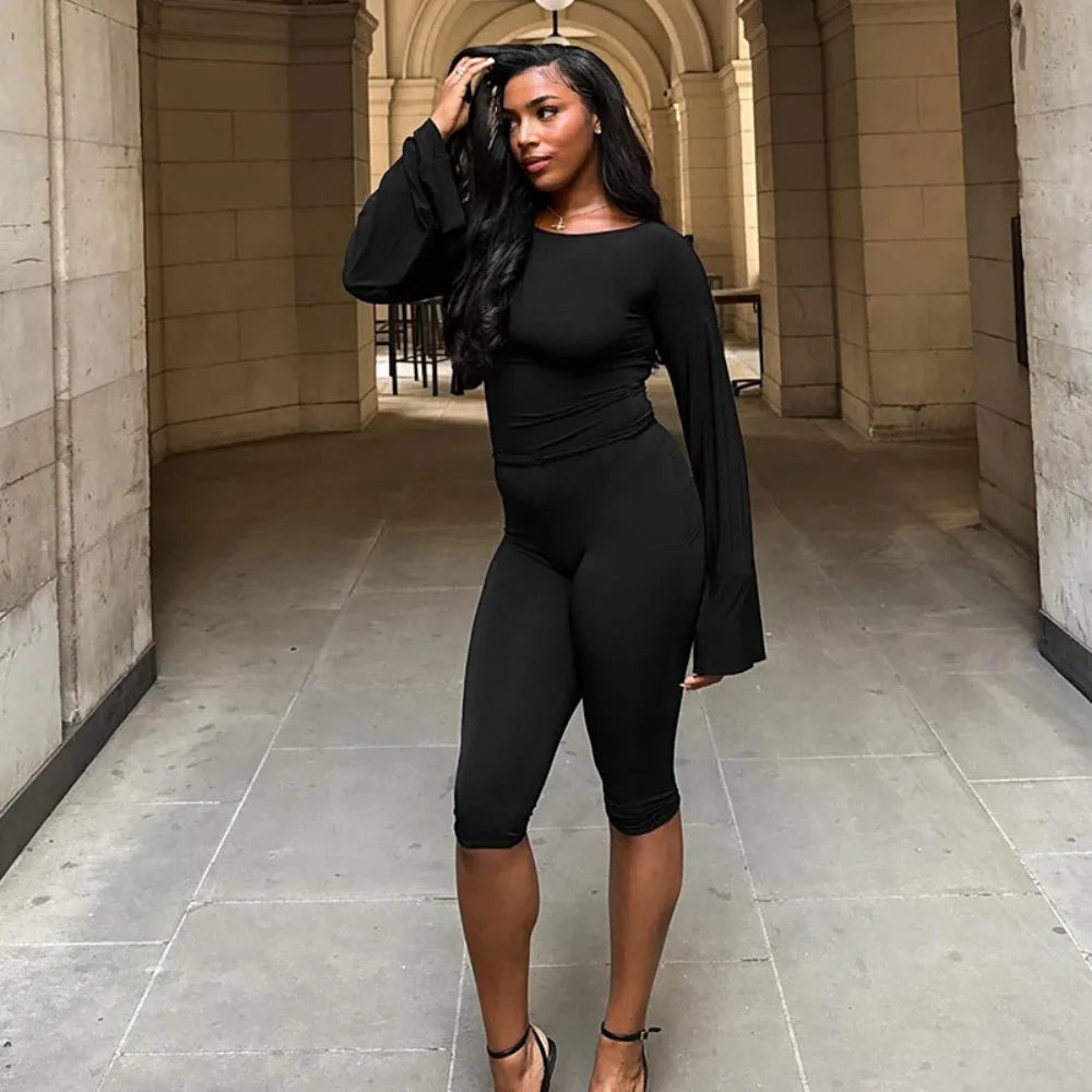 Slash Neck Two Piece Crop Top And Capri Pants Set for Women