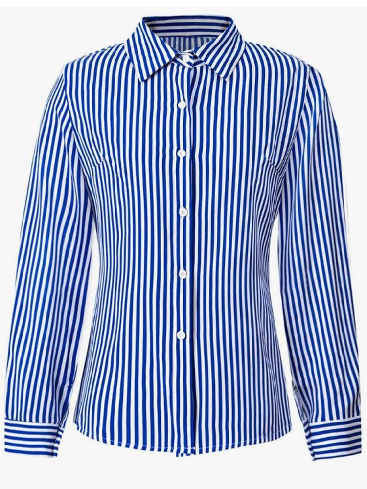 Women's street style thin classic business blue and white striped button-up lapel long-sleeved shirt