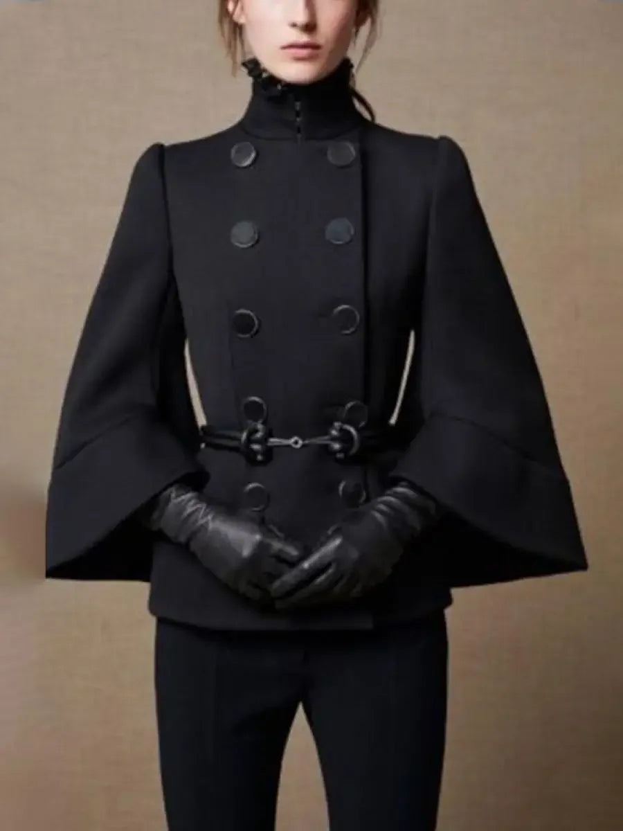 Gymystars Womens 2025 Short Jacket England Buttoned Black High Neck Coats Spring  Long Flared Sleeves Outerwear For Women