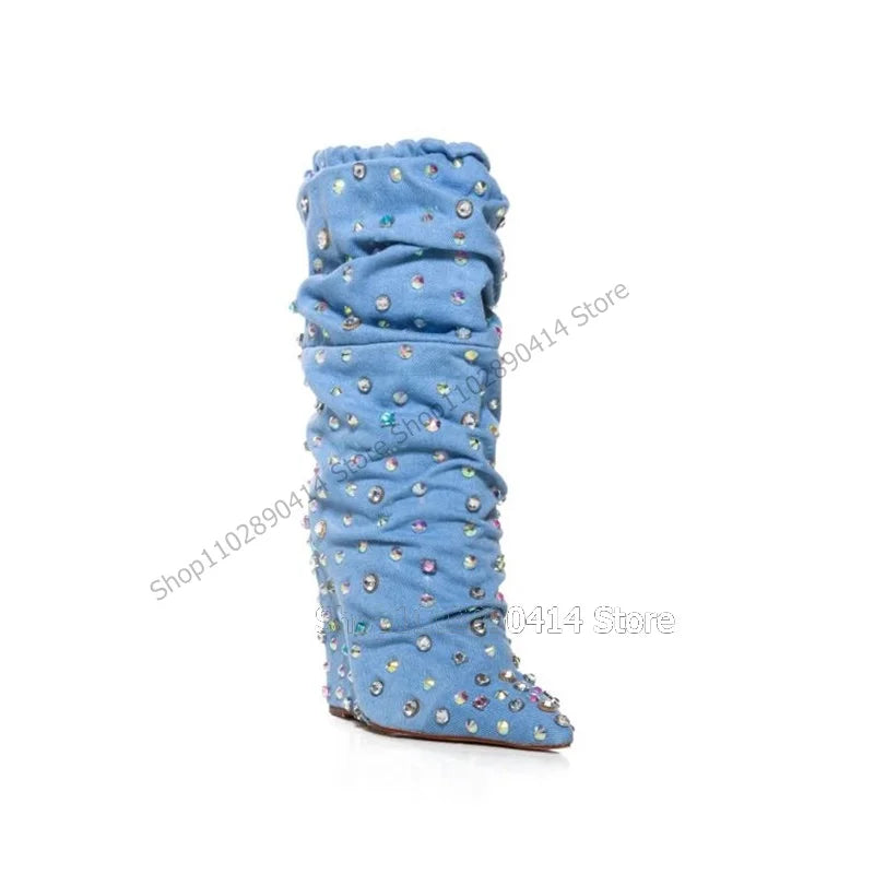 Blue Denim Crystal Embellished Slip On Wedge Boots for Women