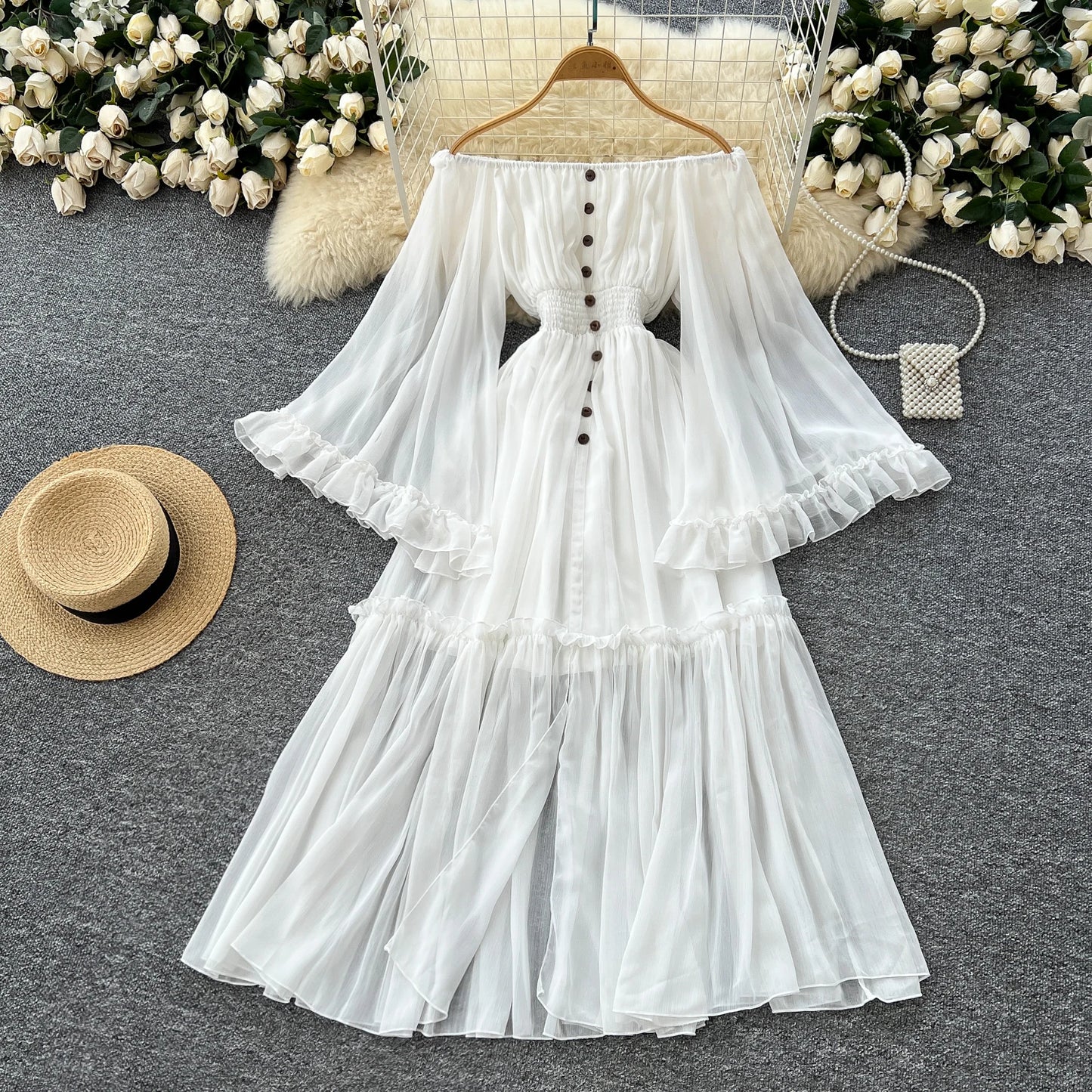 Off-Shoulder Pleated Satin Maxi Dress