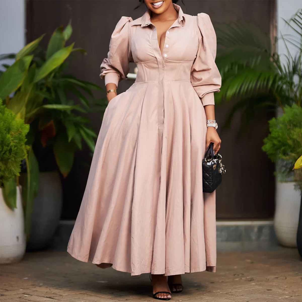 Plus Size V-Neck Long Sleeve Ankle-Length Dress for Women