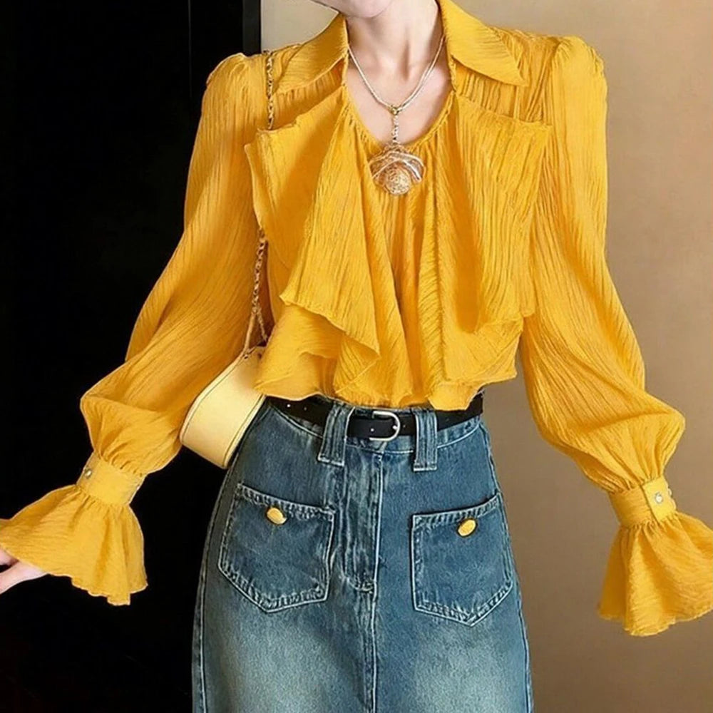 French Niche Ruffle Detail Loose Fit Shirt in Yellow for Women