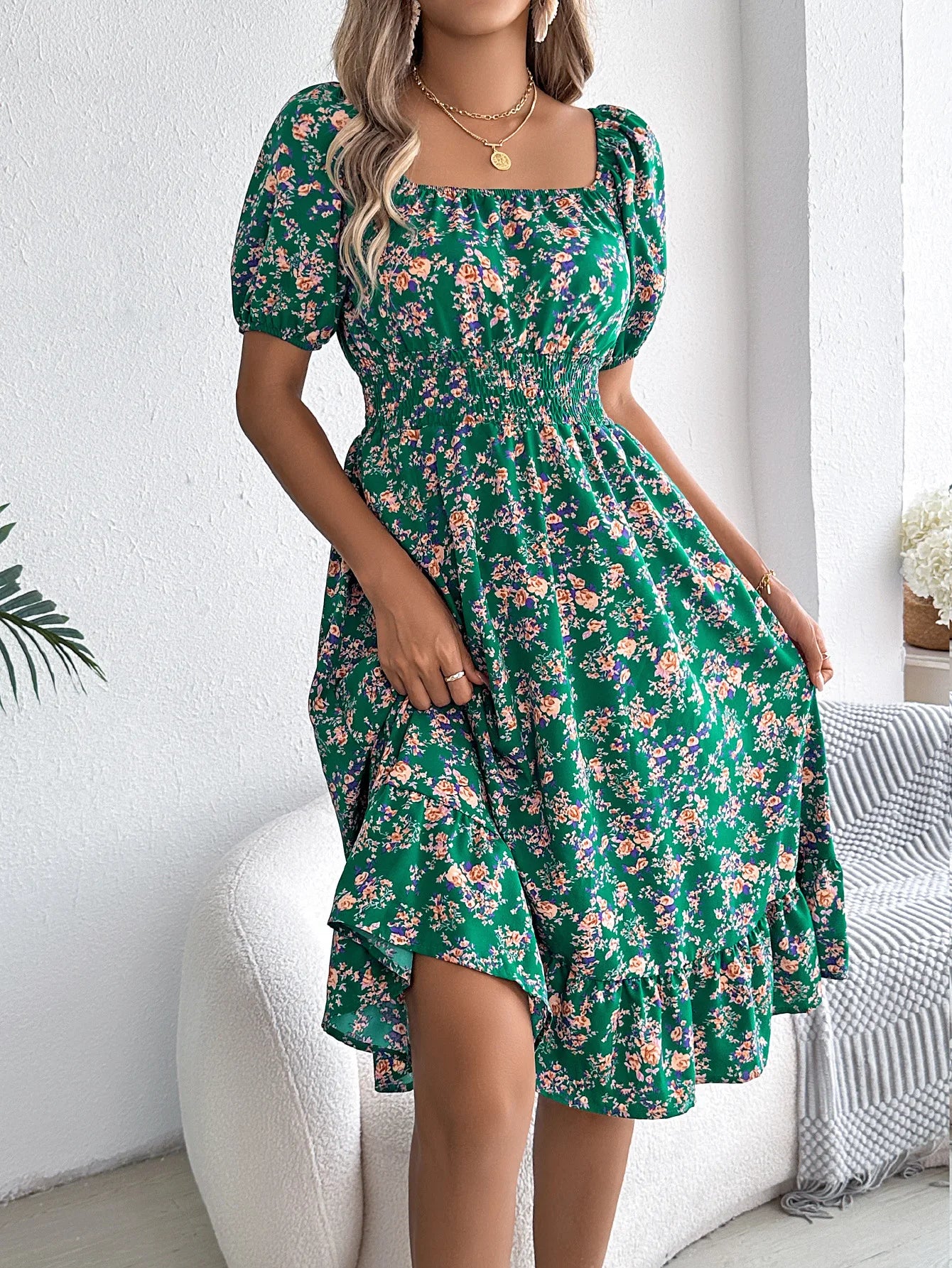 Floral Square Neck Short Sleeve High Waist Swing Dress for Women