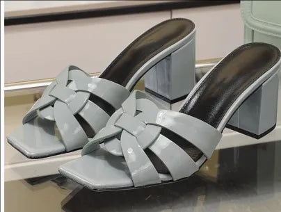 Knitted Square Heel Sandals With Slip On Soft Eva Insole Comfortable For Women