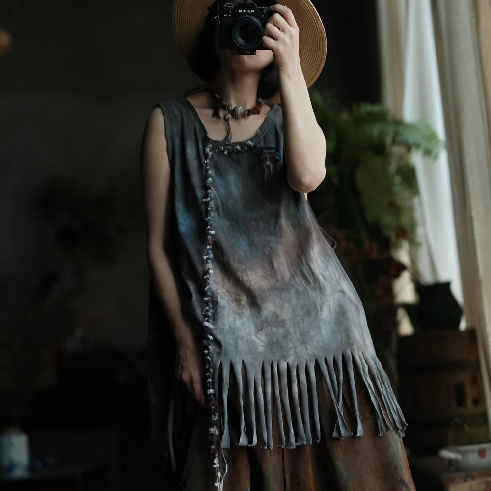 Casual Loose Fit Print Tassels Tank Top Cotton for Women