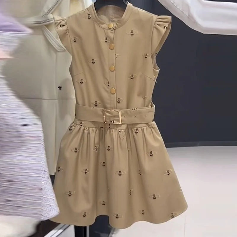 Stand Collar Slim Fit Midi Dress With Sash for Women