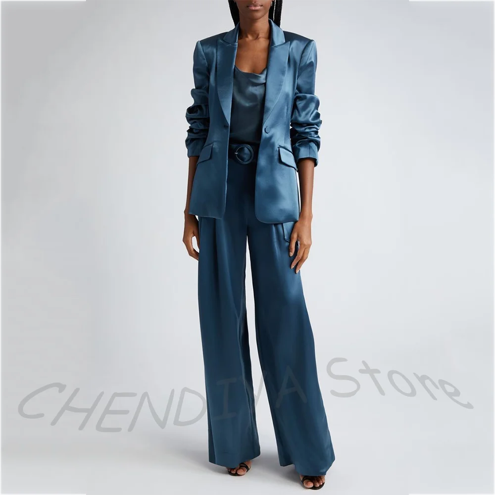 Women's Two Pieces Set Satin Peaked Lapel Elegant Fashion Single Button Straight Professional Tailor-Made Jacket with Pants