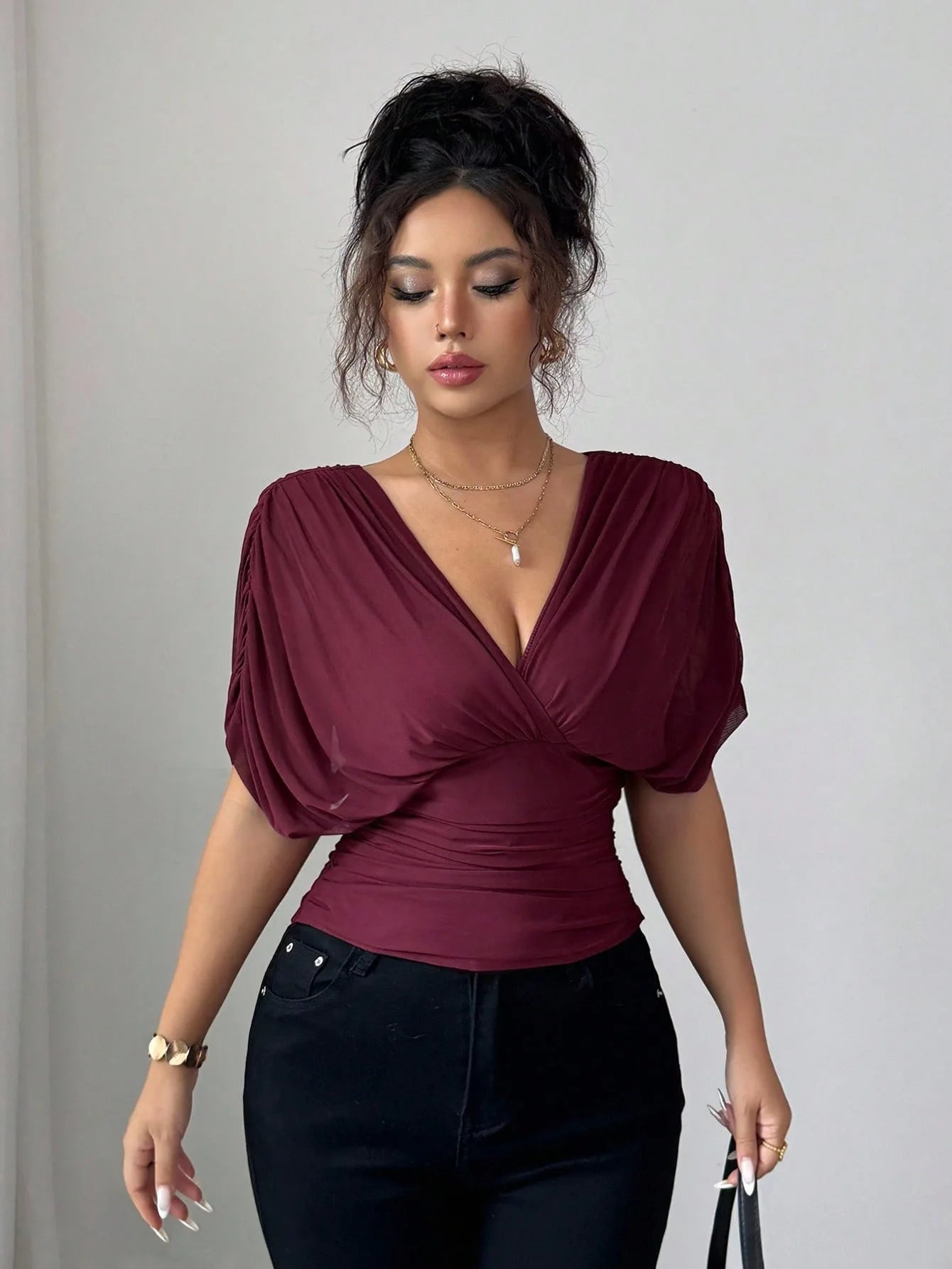 Elegant Deep V Neck Flutter Sleeve Waist Cinching Top for Women