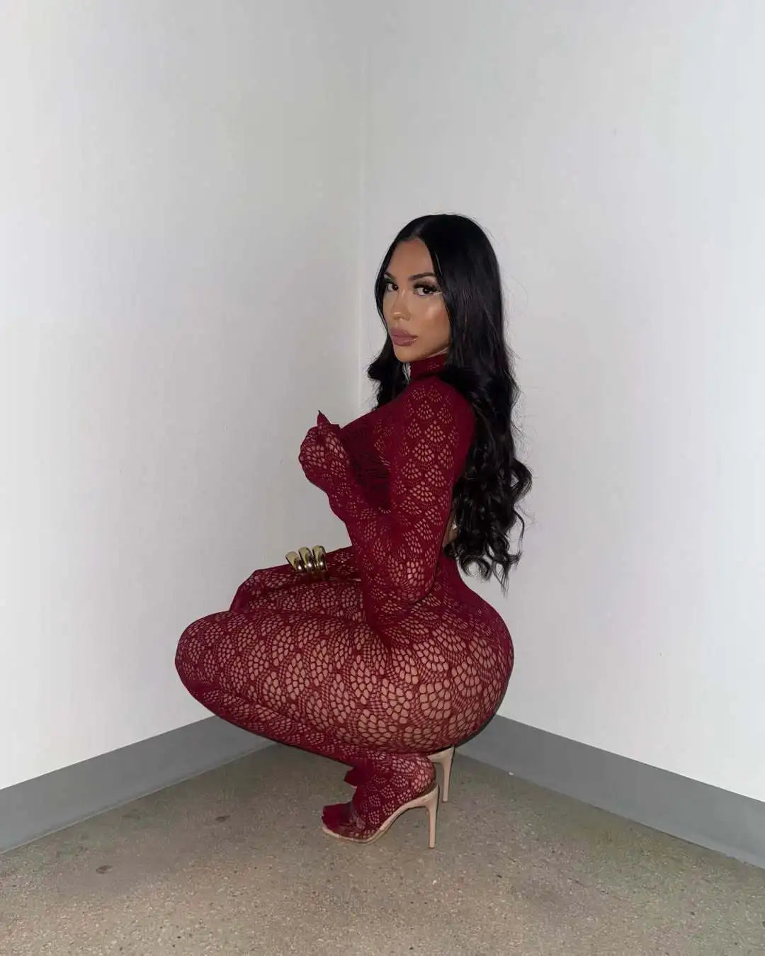 See Through Lace Hollow Out Patchwork Bodycon Jumpsuit for Women