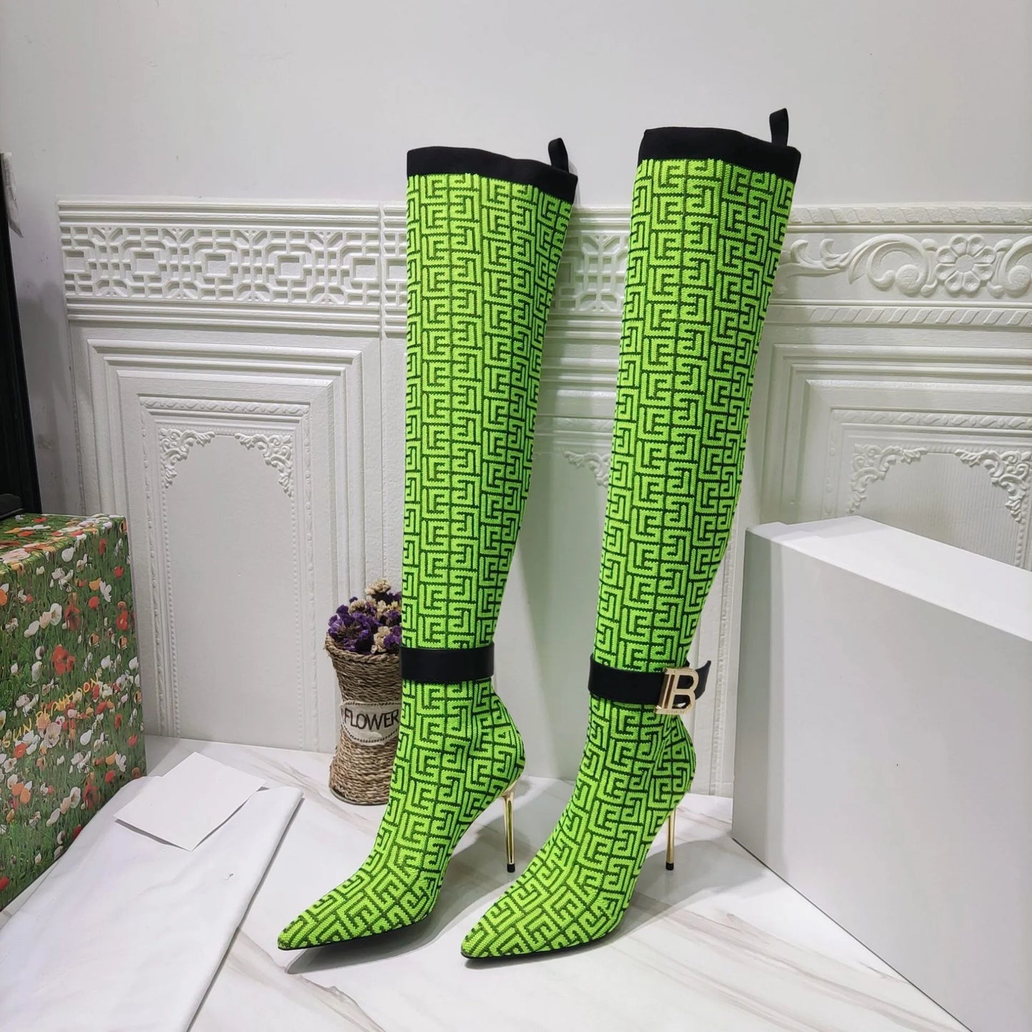 Over The Knee Stretch Pointed Toe With Buckle Sock Boots For Women