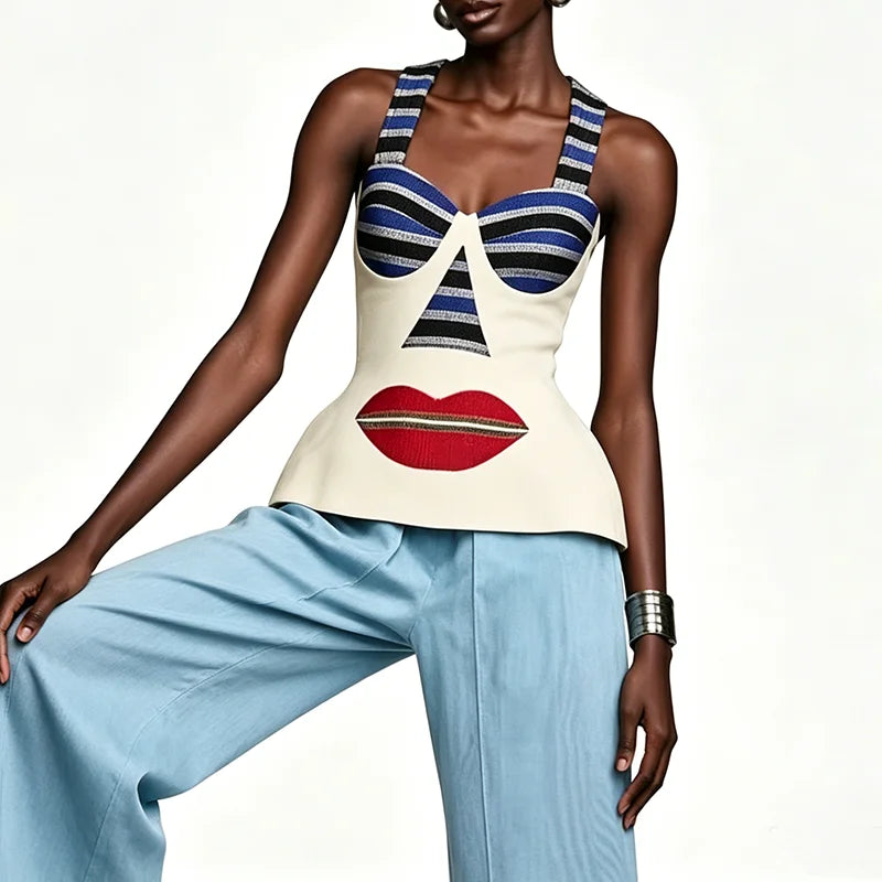 Striped Vacation Halter Backless Top and Half Skirt Set for Women