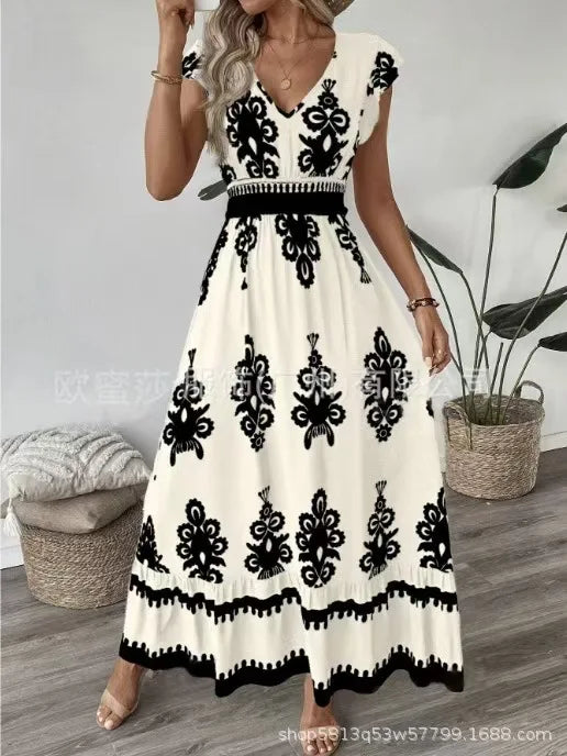 Beach Print Midi with V-Neck and High Waist Dress for Women