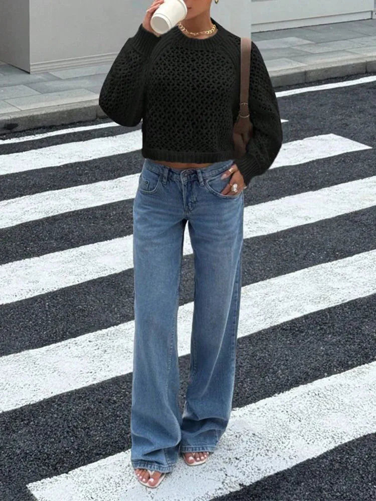 Long Sleeve Sheer Open Back Knit Sweater for Women