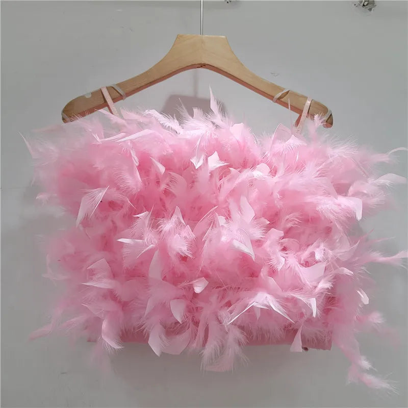 YEAE fluffy ostrich feather halter top design sense short small halter vest women's outer wear inner top tide