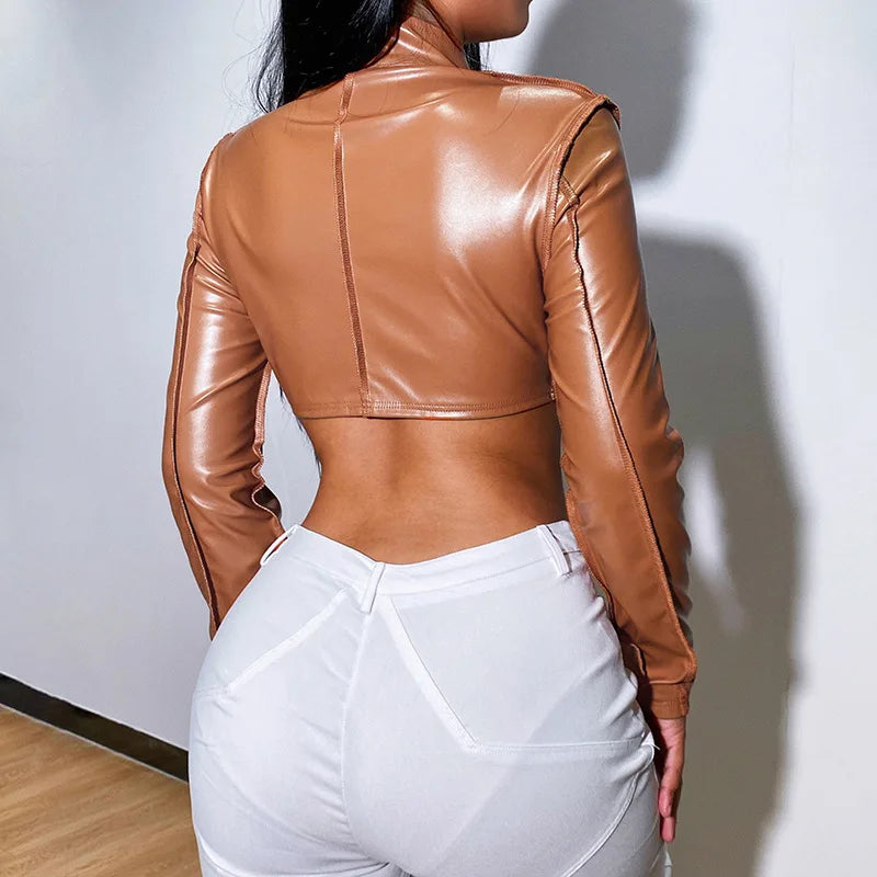 Sexy PU Leather Crop Tops Women Fashion Zipper Slim Fit Stand Collar Long Sleeve Jackets High Street Solid Punk Female Coats