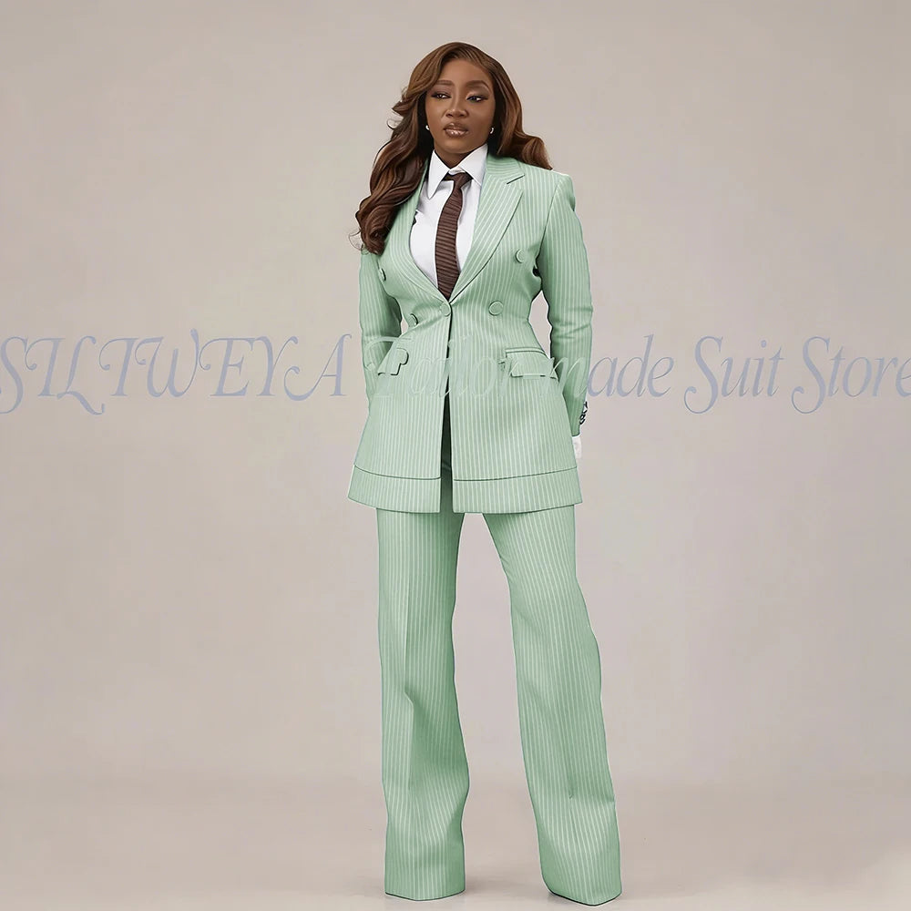 Slim Fit Brown Striped Blazer Set With Pants For Women