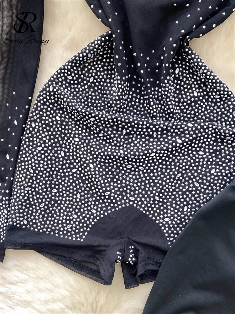 Sheer Long Sleeve Zipper Mesh Romper With Shorts for Women