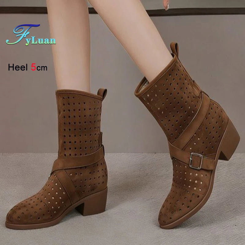 Brown Suede Western Cowboy Boots With Belt Buckle And Pointed Toe for Women