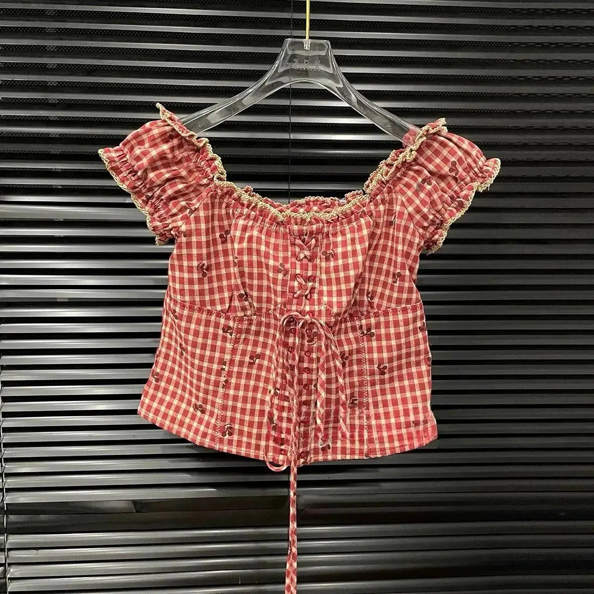 ANJY Spring Summer New Women Fashion Vintage Plaid Patchwork Denim Multi-layered Skirt Sweet Drawstring Short Sleeve Tops A24530