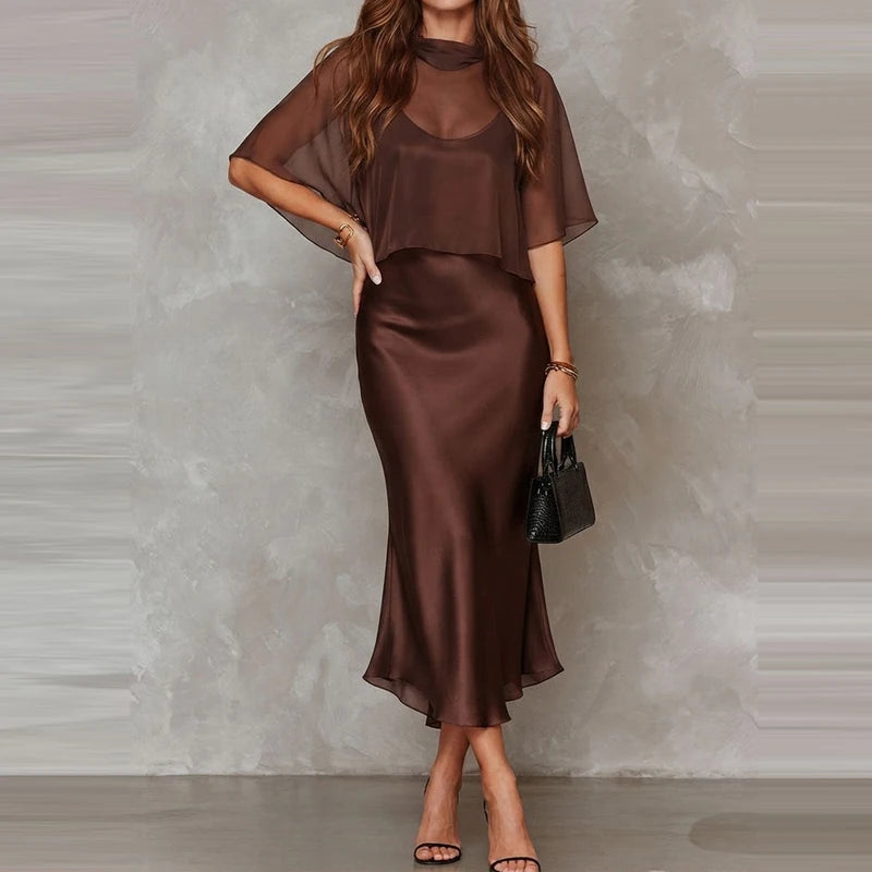 Women's Casual Sleeveless Silk Chiffon Skirt Sets Elegant Sheer Solid Mermaid Suits Sexy V-neck Sling Long Dress & Cape Outfits
