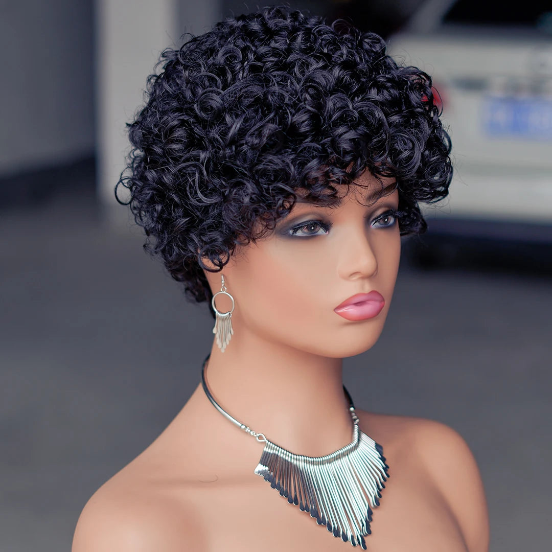 Short Curly Pixie Cut Brazilian Human Hair Wig for Women