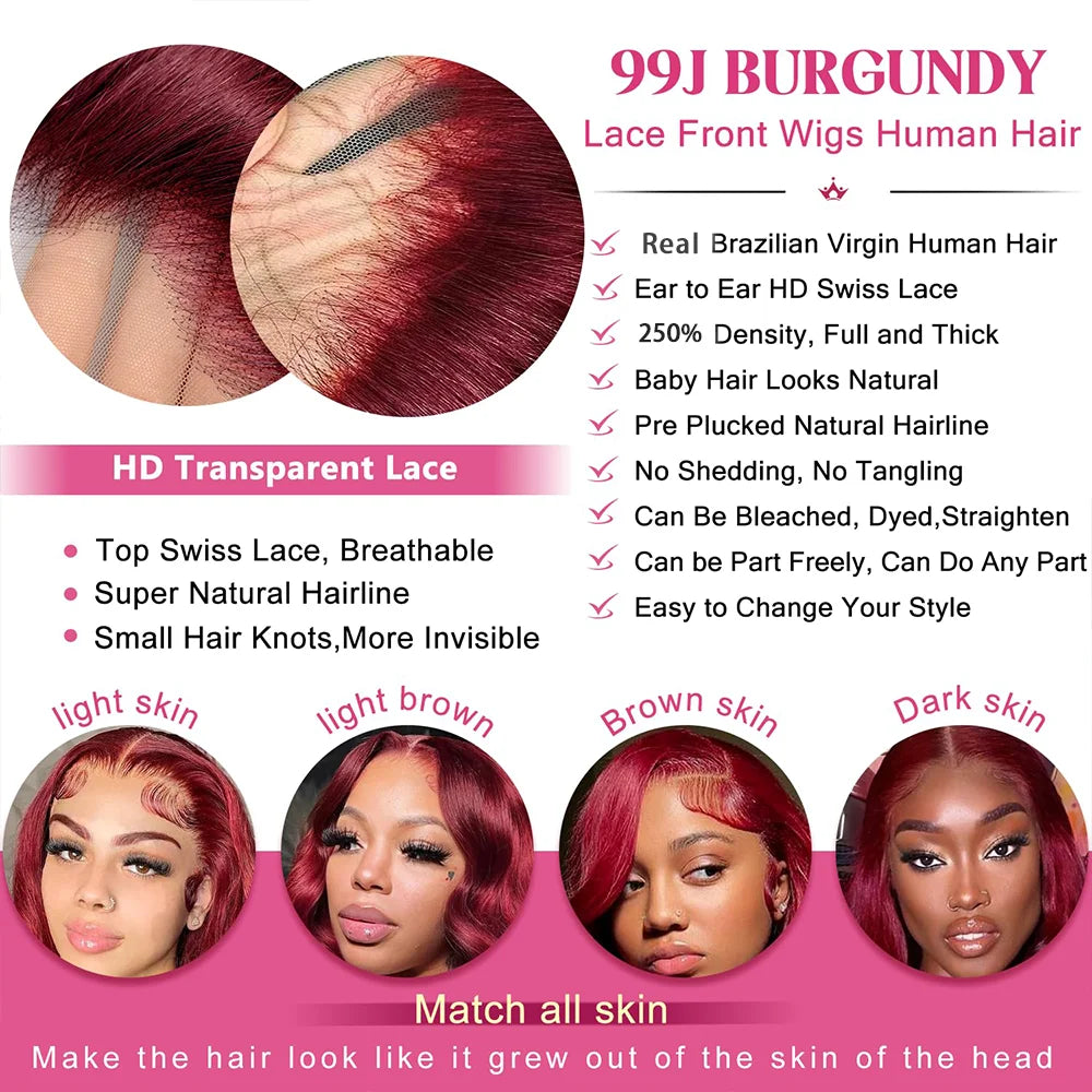 Long Burgundy Body Wave Brazilian Human Hair Wig for Women