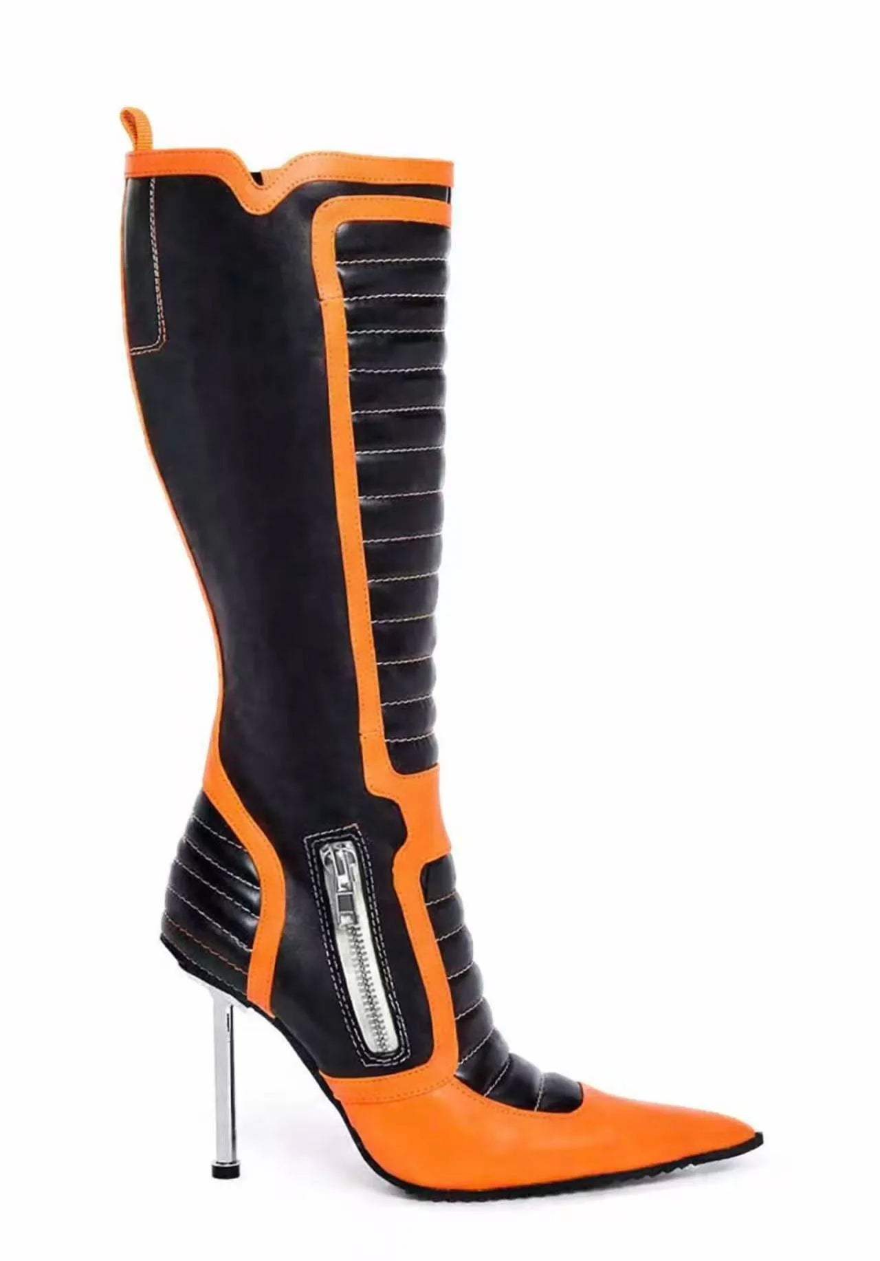 Women Black Pink Patchwork Knee High Boots Pointed Toe Stiletto Heel Zipper Up Fashion Moto Boots Party Clubwear Prom Shoes 44